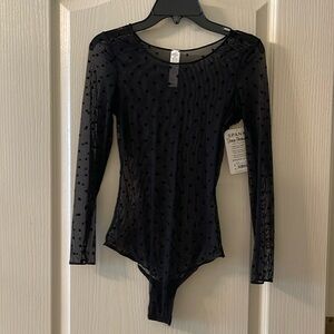 Spanx Bodysuit Sheer Fashion Mesh Flocked Dot Long Sleeeve Black sz S/P, NWT